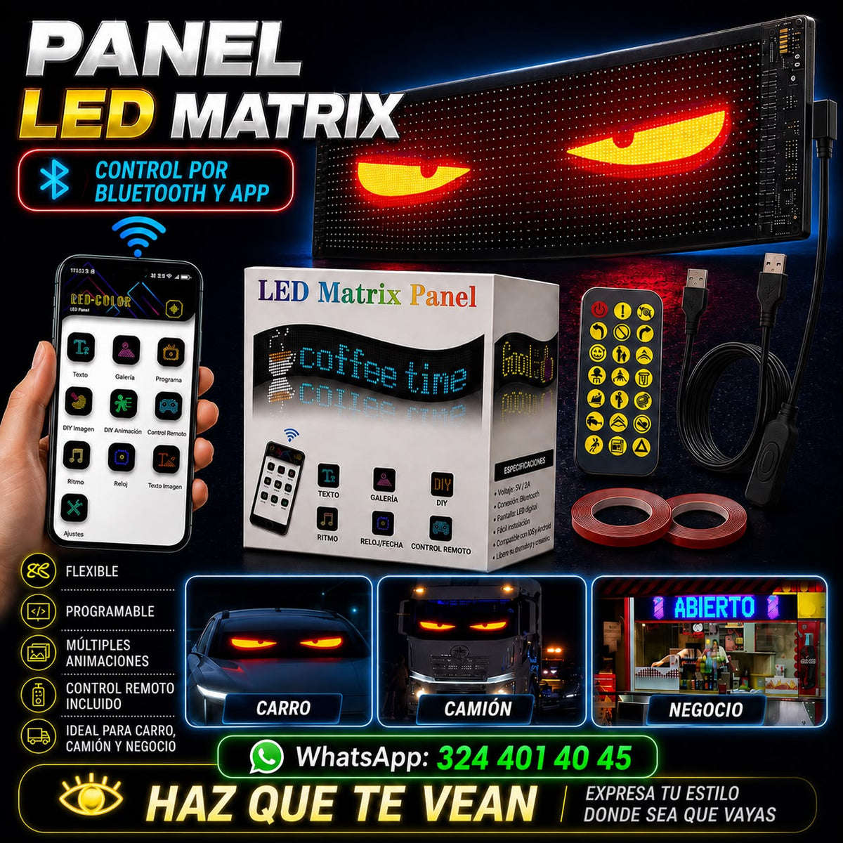 Panel LED Matrix Flexible Inteligente | Control por App y Control Remoto (Para Carro, Camión o Negocio)