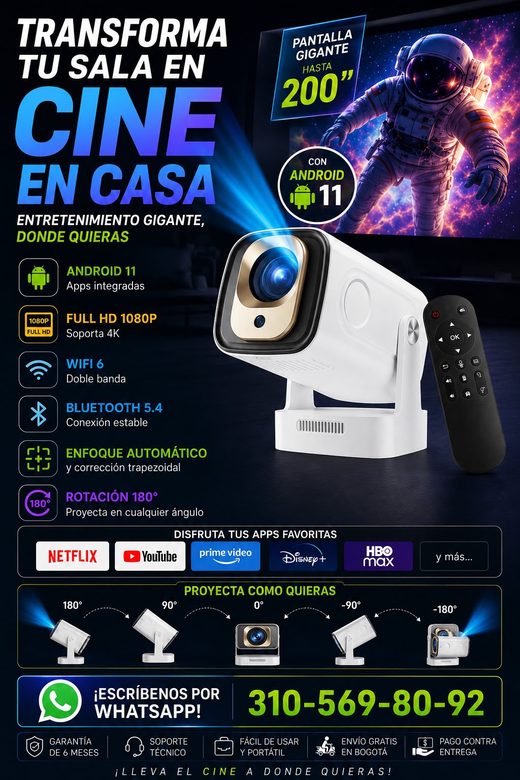 Proyector Inteligente Portátil Android 11 | Giro 180°, WiFi 6 y Pantalla Gigante hasta 200"